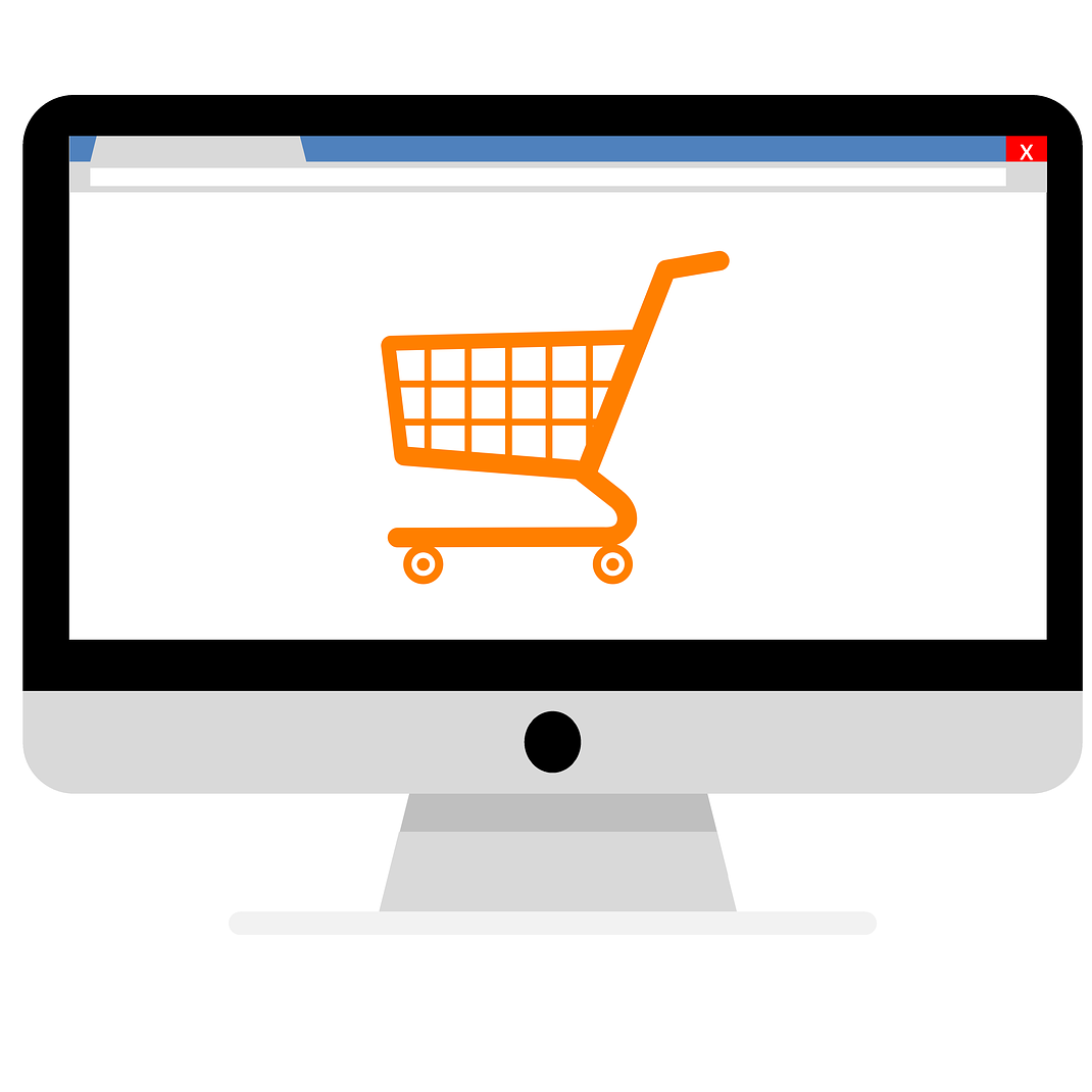 Clipart of a computer monitor with an image of a shopping car displayed on it.