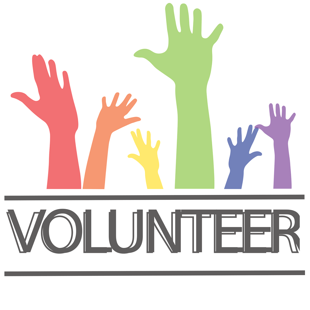 Clipart of the word 'Volunteer' with hands of various colors.